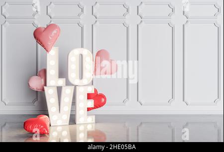 Mot d'amour avec des ampoules dans une chambre avec des ballons en forme de coeur. Concept d'amour, de Valentin, de mariage et de romantisme.3d rendu Banque D'Images