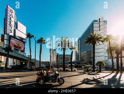 Photo panoramique d'un homme sur une moto avec un chien sur le Strip de Las Vegas au Nevada, Etats-Unis Banque D'Images