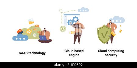 Jeu d'illustrations vectorielles de concepts abstraits du logiciel Cloud.Technologie SaaS, sécurité du cloud computing, métaphore abstraite du moteur basé sur le cloud. Illustration de Vecteur