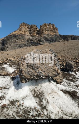Un rocher est laissé sur un piédestal de glace alors que le glacier de Brown Bluff en Antarctique fond. Banque D'Images