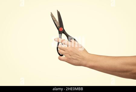 ciseaux outil de coiffure à la main isolé sur blanc, papeterie Banque D'Images