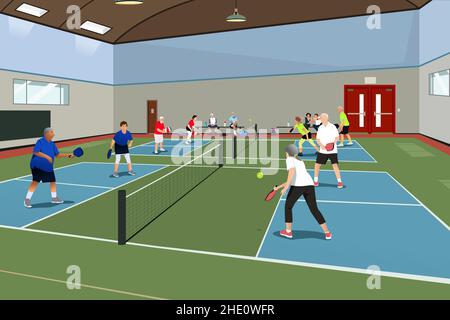 Illustration vectorielle de personnes âgées jouant à Pickleball Indoor Illustration de Vecteur