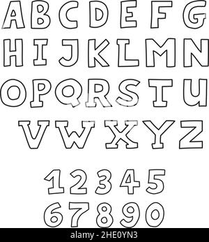 Alphabet puérien et dessin animé à la main et chiffres dans le style Doodle isolé. Illustration de Vecteur