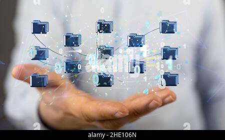 Analyse augmentée réseau de stockage de données dans le cloud à partir de lignes, de triangles et de la conception de type particule.Illustration Banque D'Images