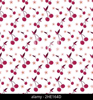 Motif de cerises et de fleurs.Décoration simple de fruits et de fleurs. Illustration de Vecteur