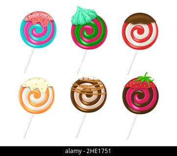 Ensemble de desserts à motif vectoriel de sucettes.Collection de bonbons Lollipop avec garnitures, saupoudres et chocolat isolés sur fond blanc pour les enfants. Illustration de Vecteur