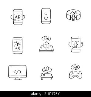 Icônes de réalité augmentée.Utilisation dans les téléphones mobiles et les tablettes pour les jeux, les achats et la navigation.Icônes d'esquisse dessinées à la main Illustration de Vecteur
