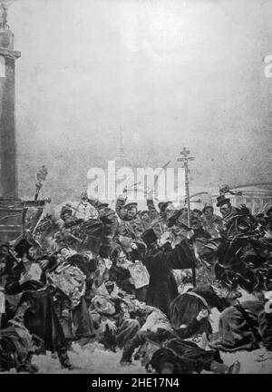 Les troupes massacrent des manifestants civils pendant la répression du soulèvement de 1905.Le 22 janvier 1905, des milliers de manifestants ont défilé sur le Palais d'hiver pour exprimer leurs griefs contre les conditions de travail.Ils ont été accueillis par l'armée et la manifestation a été arrêtée, avec la perte d'environ 200 morts. Banque D'Images