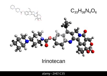 Formule chimique, formule structurale et 3D modèle boule-et-bâton du médicament anticancéreux irinotécan, fond blanc Banque D'Images