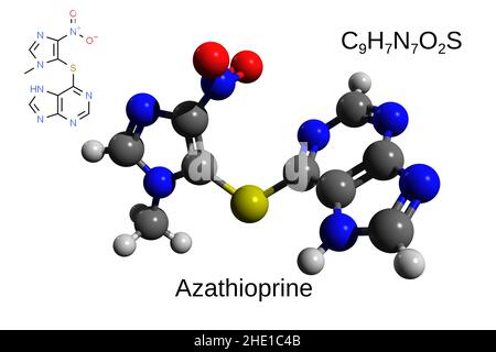 Formule chimique, formule structurale et 3D modèle boule-et-bâton du médicament immunosuppresseur azathioprine, fond blanc Banque D'Images