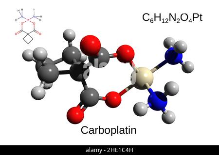 Formule chimique, formule structurale et 3D modèle ball-and-stick du médicament anticancéreux Carboplatine, fond blanc Banque D'Images