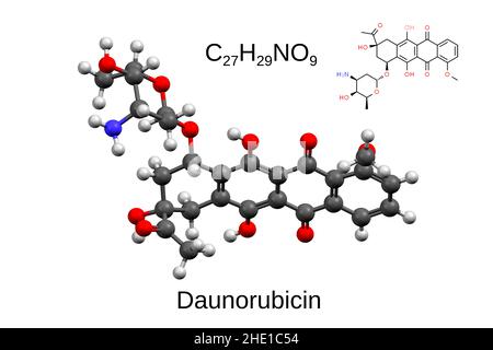 Formule chimique, formule structurale et modèle à bille et à bâton 3D du médicament anticancéreux daunorubicine, fond blanc Banque D'Images