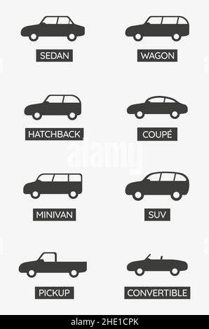 Variantes de l'ensemble d'icônes vectorielles de carrosserie automobile. Illustration de Vecteur