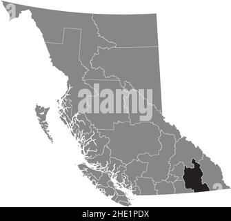 Carte d'emplacement en noir à blanc mise en évidence du district RÉGIONAL DU CENTRE DE KOOTENAY à l'intérieur de la carte administrative grise de la province canadienne de la Grande-Bretagne Illustration de Vecteur