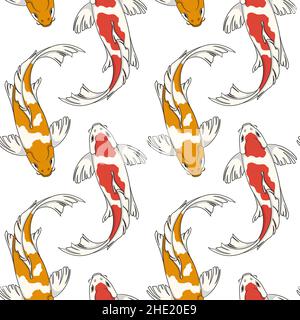 Motif sans couture avec carpes de poisson koï rouges et orange.Arrière-plan vectoriel coloré. Illustration de Vecteur
