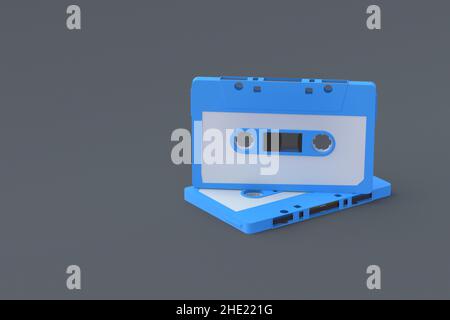 Tas de cassettes audio vintage bande de couleur bleue sur fond gris.Stockage de musique.Cartouche rétro.Copier l'espace.3d rendu Banque D'Images