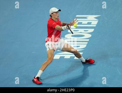 Melbourne, Australie.8th.Janvier 2022.Le joueur de tennis finlandais Emil Ruusuvuori en action lors du tournoi de Melbourne Summer Set au Melbourne Park le samedi 08 janvier 2022.© Juergen Hasenkopf / Alamy Live News Banque D'Images