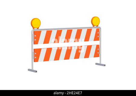 Barrière de route rayée, barre de suspension avec lampes jaunes isolées sur fond blanc.3d rendu Banque D'Images