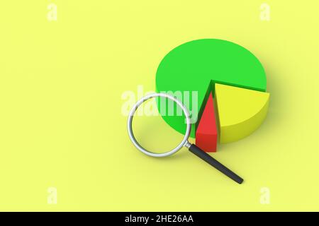 Graphique circulaire près de la loupe.Concept d'analyse de marché.Analyse d'entreprise.Rapport de croissance et de baisse des bénéfices.Comptabilité.Indicateurs statistiques.Rés. Budget Banque D'Images