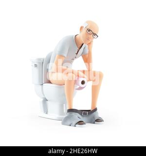 3d un homme âgé s'est ennuyé assis sur les toilettes, illustration isolée sur fond blanc Banque D'Images