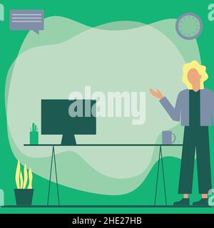 Femme Bureau debout utilisant un ordinateur portable avec bulle de parole à côté de vase d'usine.Lady Design utilise un ordinateur portable placé sur le dessus de la table à côté D'Un Illustration de Vecteur