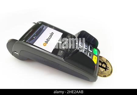 Payez avec bitcoin , terminal POS de la machine de paiement Banque D'Images