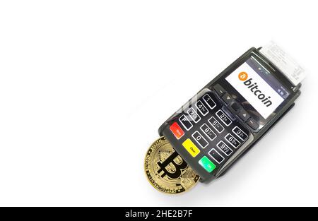 Payez avec bitcoin , terminal POS de la machine de paiement Banque D'Images