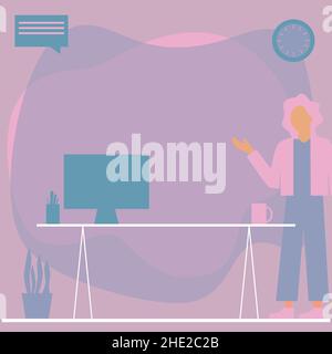 Femme Bureau debout utilisant un ordinateur portable avec bulle de parole à côté de vase d'usine.Lady Design utilise un ordinateur portable placé sur le dessus de la table à côté D'Un Illustration de Vecteur