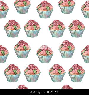 Motif raster sans couture de petits gâteaux à base bleue et garnitures de baies roses crémeuses sur fond blanc isolé.Illustration de haute qualité Banque D'Images