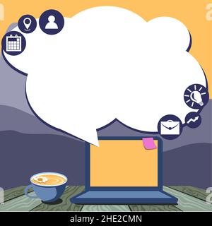 Ordinateur portable posé sur UNE table à côté de la tasse à café et de l'usine montrant le processus de travail. Mini-ordinateur haut de bureau à côté de la coupe avec fleurs Illustration de Vecteur