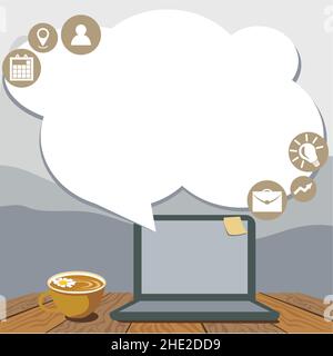 Ordinateur portable posé sur UNE table à côté de la tasse à café et de l'usine montrant le processus de travail. Mini-ordinateur haut de bureau à côté de la coupe avec fleurs Illustration de Vecteur