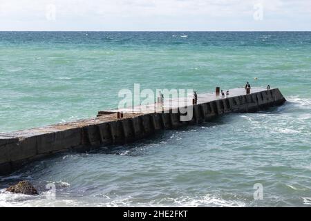 Les cormorans sont sur un brise-lames, paysage d'été photo prise sur la côte de la mer Noire un jour d'été ensoleillé, la Crimée Banque D'Images