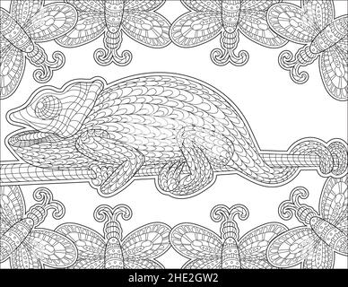 Dessin de ligne de chameleon Surrened avec cadre de papillon pour livre de coloriage détaillé Illustration de Vecteur
