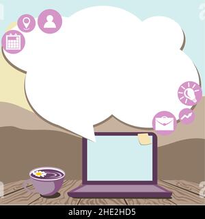 Ordinateur portable posé sur UNE table à côté de la tasse à café et de l'usine montrant le processus de travail. Mini-ordinateur haut de bureau à côté de la coupe avec fleurs Illustration de Vecteur