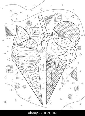 Deux Cones de crème glacée avec fond de Falling Frost et Chocolate Chips Line dessin coloriage Book Illustration de Vecteur