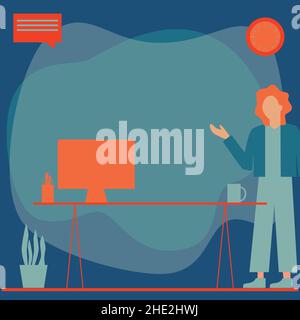 Femme Bureau debout utilisant un ordinateur portable avec bulle de parole à côté de vase d'usine.Lady Design utilise un ordinateur portable placé sur le dessus de la table à côté D'Un Illustration de Vecteur