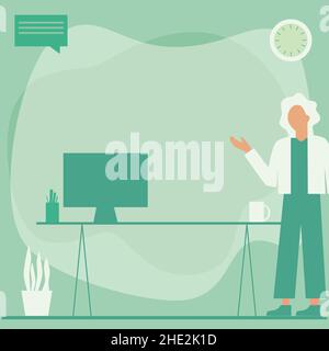 Femme Bureau debout utilisant un ordinateur portable avec bulle de parole à côté de vase d'usine.Lady Design utilise un ordinateur portable placé sur le dessus de la table à côté D'Un Illustration de Vecteur