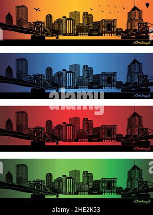 Ville de Pittsburgh dans quatre couleurs différentes - illustration, ville dans fond orange, Pittsburgh Pennsylvanie Illustration de Vecteur