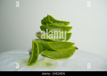 Gros plan de l'Aloe vera frais coupé en tranches sur fond blanc, Banque D'Images