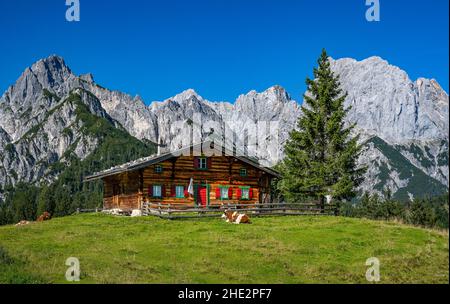 Cabane alpine autrichienne traditionnelle en face d'une impressionnante toile de fond de montagne, Salzbourg, Autriche, Europe Banque D'Images