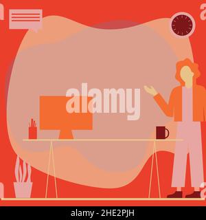 Femme Bureau debout utilisant un ordinateur portable avec bulle de parole à côté de vase d'usine.Lady Design utilise un ordinateur portable placé sur le dessus de la table à côté D'Un Illustration de Vecteur