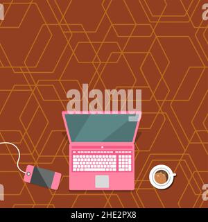 Ordinateur portable posé sur UNE table à côté de la tasse à café et de l'usine montrant le processus de travail. Mini-ordinateur haut de bureau à côté de la coupe avec fleurs Illustration de Vecteur