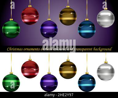 Boules de Noël boules boules de boules avec des décorations et des couleurs de vert, rouge, blanc, bleu, violet et or.Sur fond transparent et coloré. Illustration de Vecteur