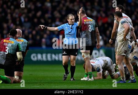 Twickenham, Royaume-Uni.08th janvier 2022.Rugby, premier ministre.Harlequins V Exeter Chiefs.La fonction Stiop.Twickenham.Ian Tempest (arbitre).Credit: Sport en images/Alamy Live News Banque D'Images