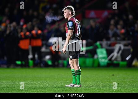 Twickenham, Royaume-Uni.08th janvier 2022.Rugby, premier ministre.Harlequins V Exeter Chiefs.La fonction Stiop.Twickenham.Louis Lynagh (Harlequins).Credit: Sport en images/Alamy Live News Banque D'Images