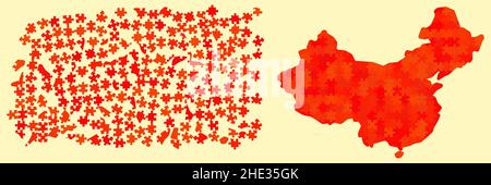 La forme de la carte de Chine est faite de différentes nuances rouge - couleur nationale - pièces de puzzle, 215 blocs dispersés et version finie Illustration de Vecteur