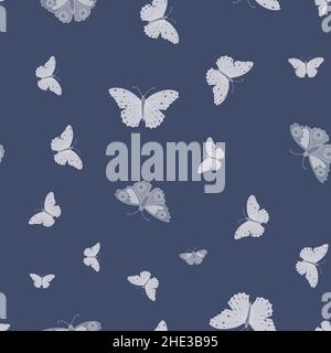 Motif de papillon monochromatique sans couture sur fond bleu foncé. Illustration de Vecteur