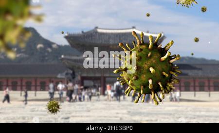 3D illustration la variante omicron du coronavirus flottant au-dessus des tourits visite du palais sud-coréen.L'entrée de Gyeongbokgung pendant la pandémie de grippe Covid19 Banque D'Images