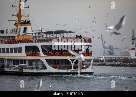 Istanbul, Turquie.08th janvier 2022.Des mouettes vues volent dans le ciel avec des ferries en arrière-plan.(Photo par Onur Dogman/SOPA Images/Sipa USA) crédit: SIPA USA/Alay Live News Banque D'Images