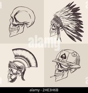 Ensemble de crânes dessinées d'un gladiateur, d'un soldat de la guerre du Vietnam, d'un chef tribal sur un fond beige pour l'impression.Illustration vectorielle. Illustration de Vecteur